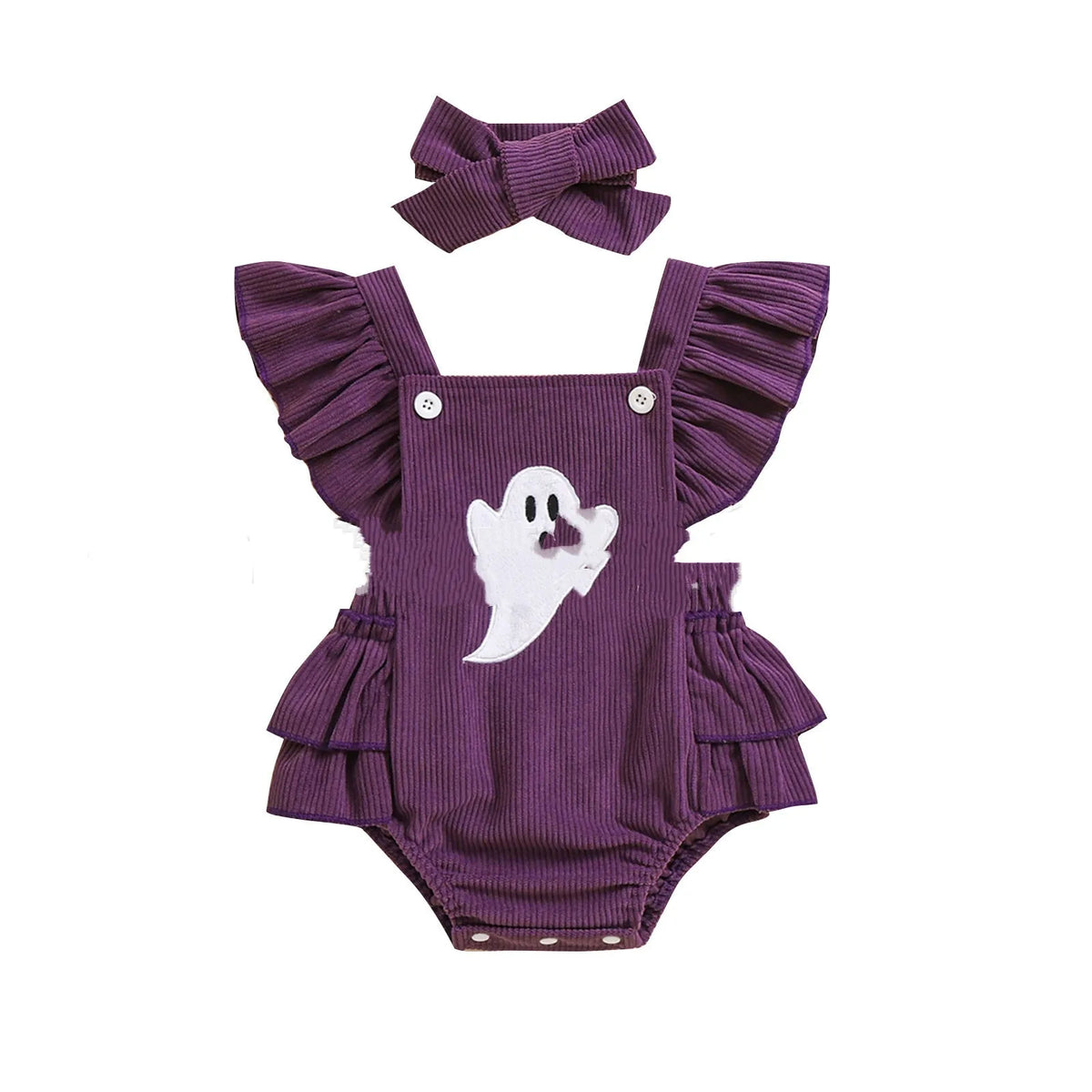 Purple Halloween toddler triangle jumpsuit with embroidered towel detail and hidden hook closure, sizes 70cm to 100cm.
