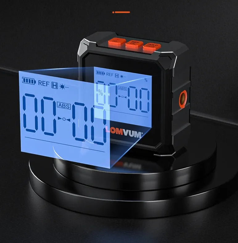 Longyun digital laser measuring tool with alloy casing and backlit display on a wooden workbench.