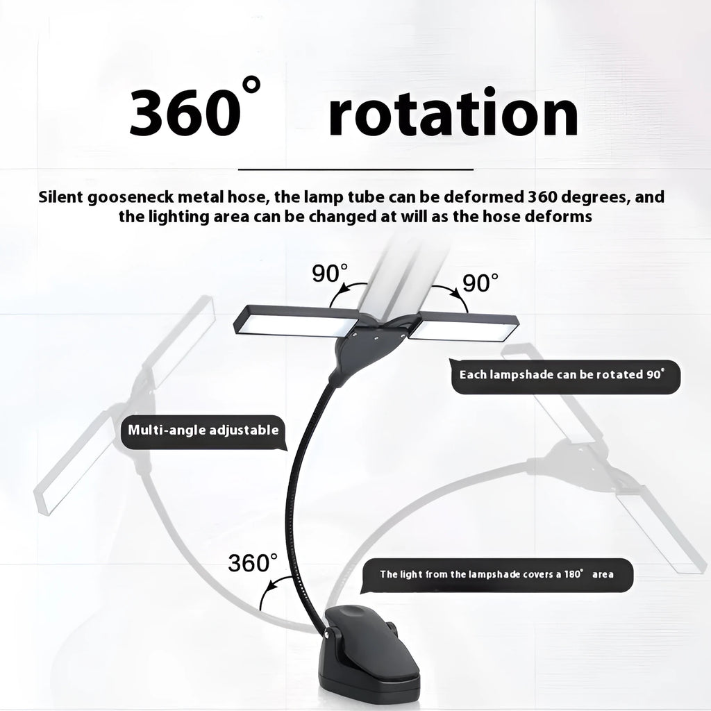 Black clip-on music stand lamp with 28 LEDs, shown with USB cable and AA batteries.