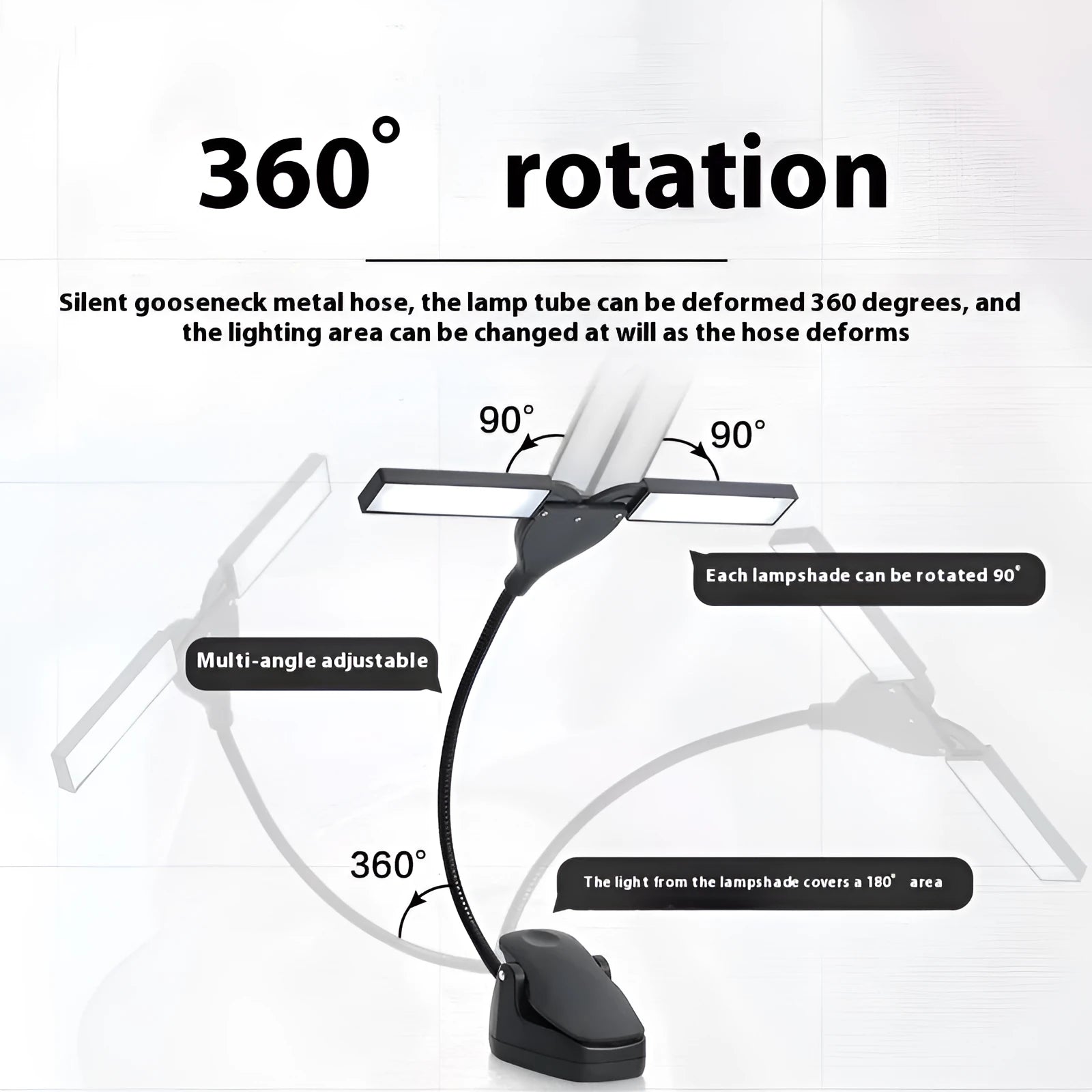 Black clip-on music stand lamp with 28 LEDs, shown with USB cable and AA batteries.