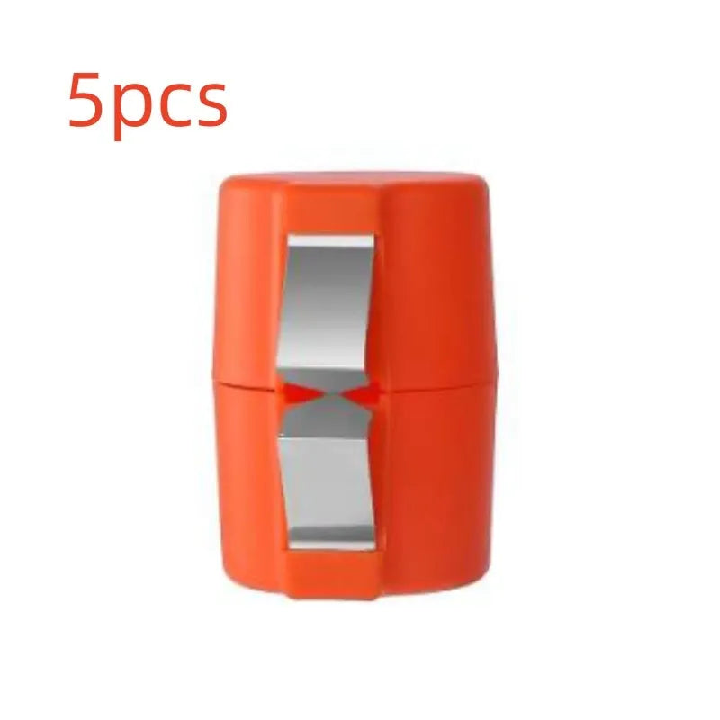 Egg shell opener and beater kitchen tool with stainless steel blades and coloured plastic handle