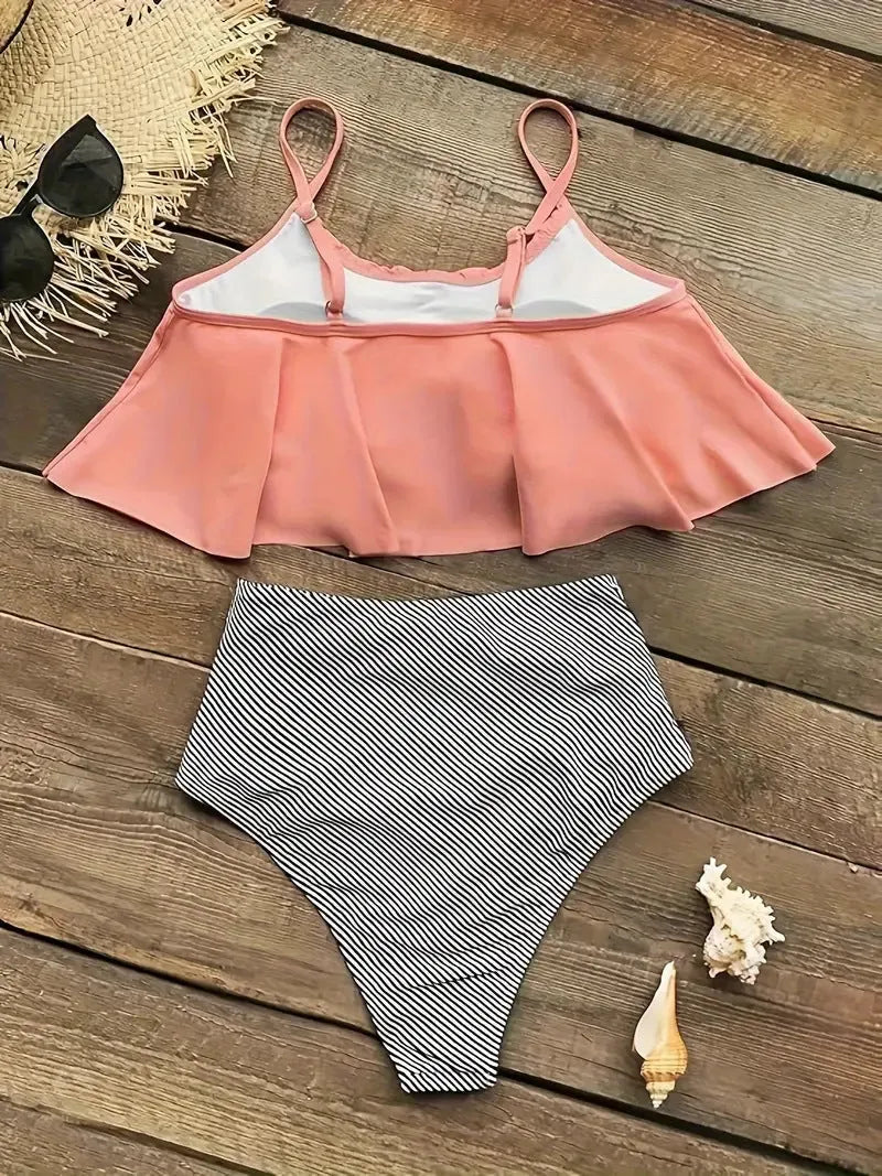 Women's high-waisted conservative ruffled swimsuit in polyester fibre available in multiple colours