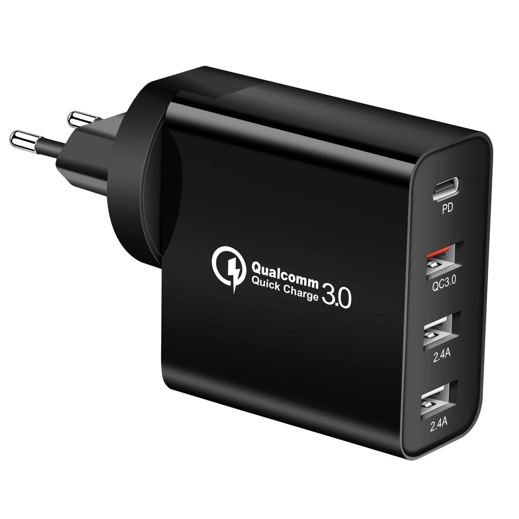 Black four-port USB-C wall charger with UK, US, EU, and AU plug adaptors on a white background.