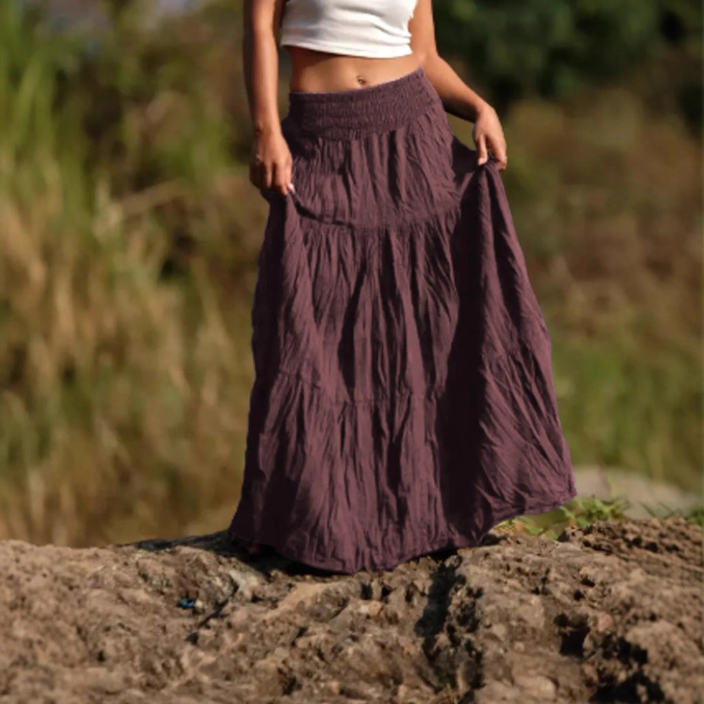 Women's mid-length retro skirt with waist smocking, patchwork and folding detail, viscose fibre, sizes S-XXL