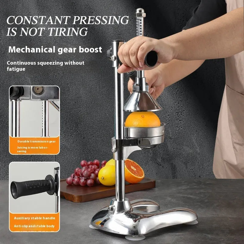 Stainless steel manual vertical juicer shown in multiple colour and tip style options.