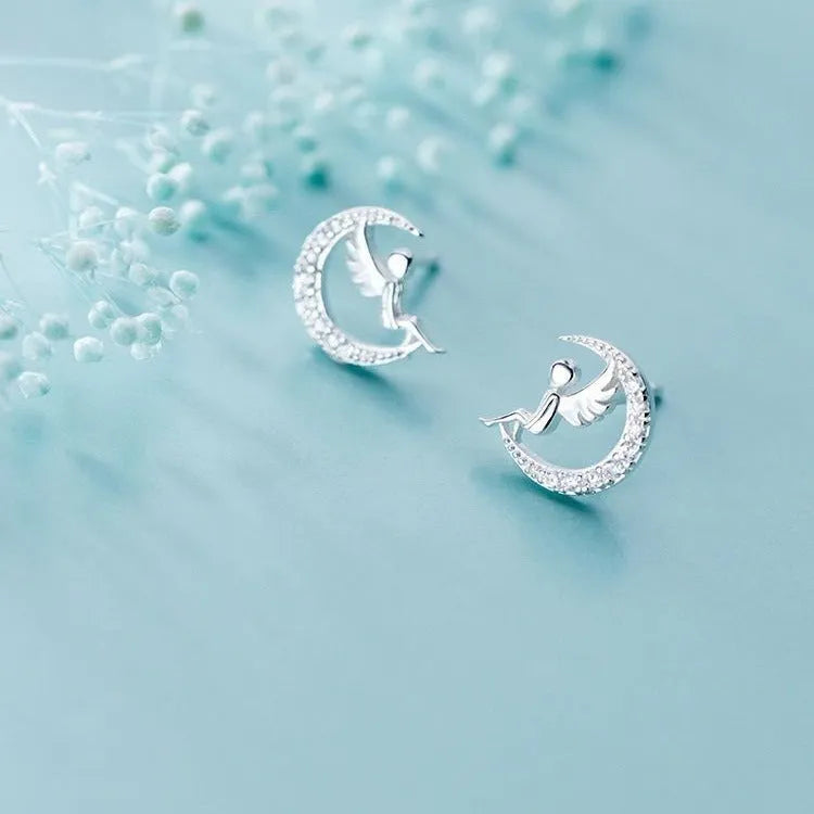 Silver plated angel stud earrings for women, Korean-style fresh glossy design, silvery colour, simple stud shape