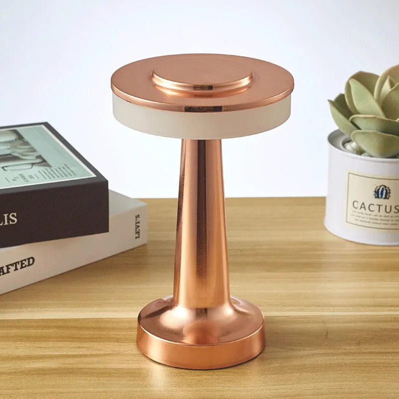 Wireless rechargeable touch sensor mushroom table lamp in gold with acrylic shade