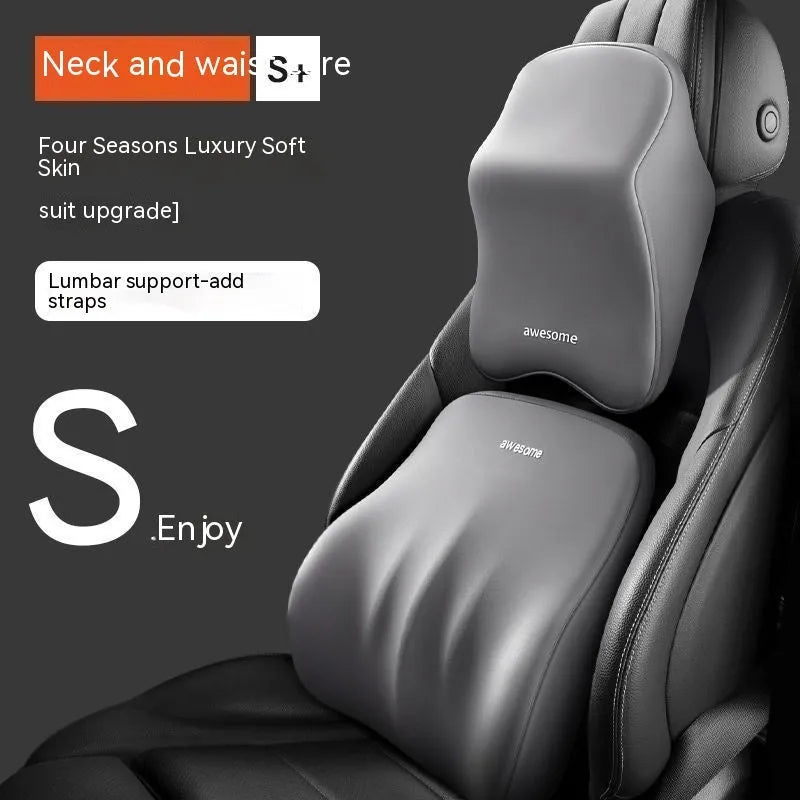 Memory foam car pillow set showing headrest and lumbar support cushions in a choice of four colours.