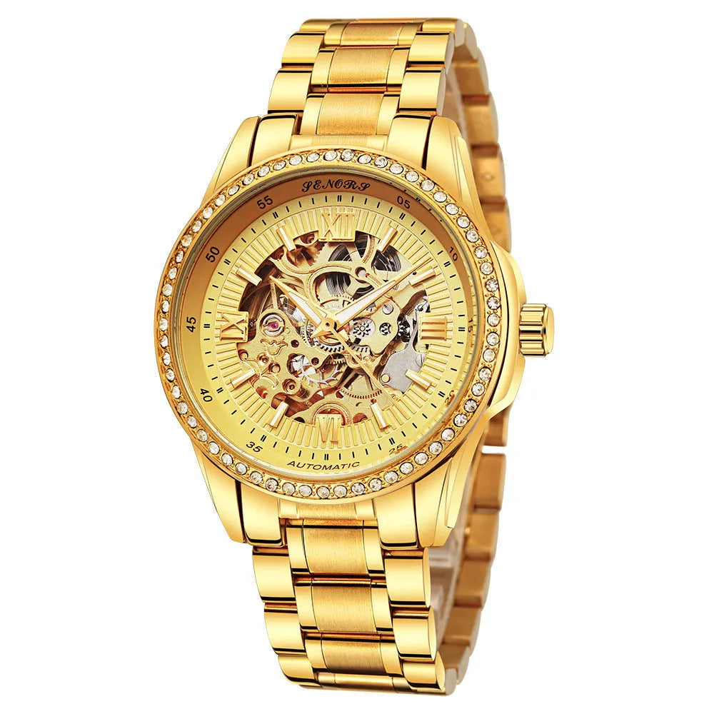 Senas SN019 hollow automatic mechanical watch for men with transparent dial, leather strap, and luminous hands on light background