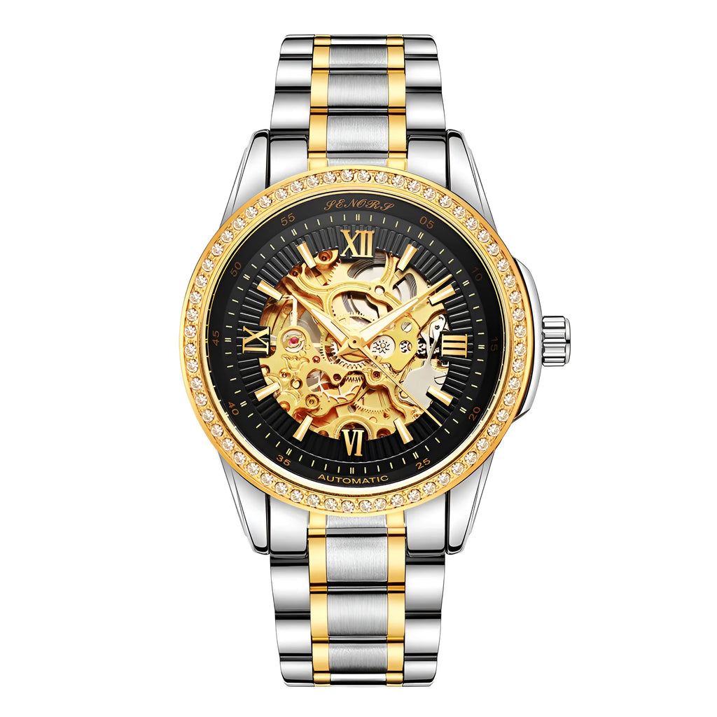 Senas SN019 hollow automatic mechanical watch for men with transparent dial, leather strap, and luminous hands on light background