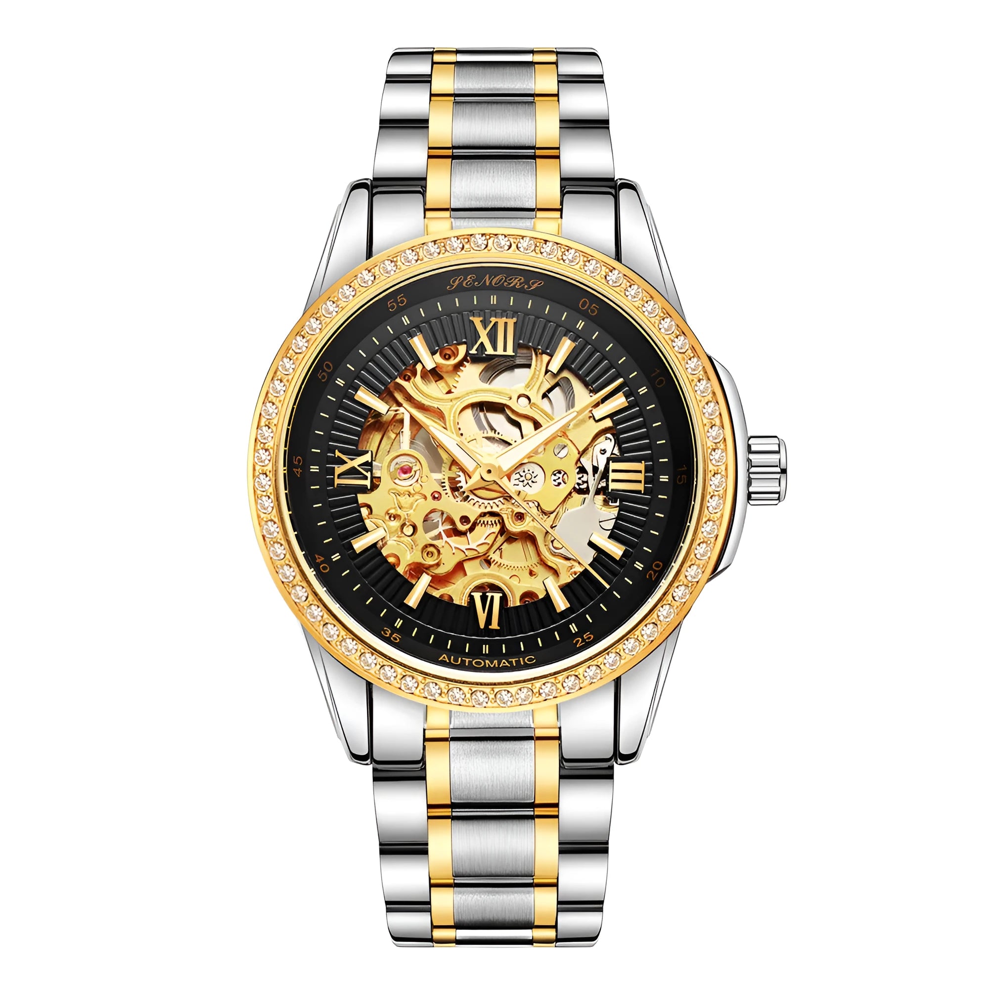 Senas SN019 hollow automatic mechanical watch for men with transparent dial, leather strap, and luminous hands on light background