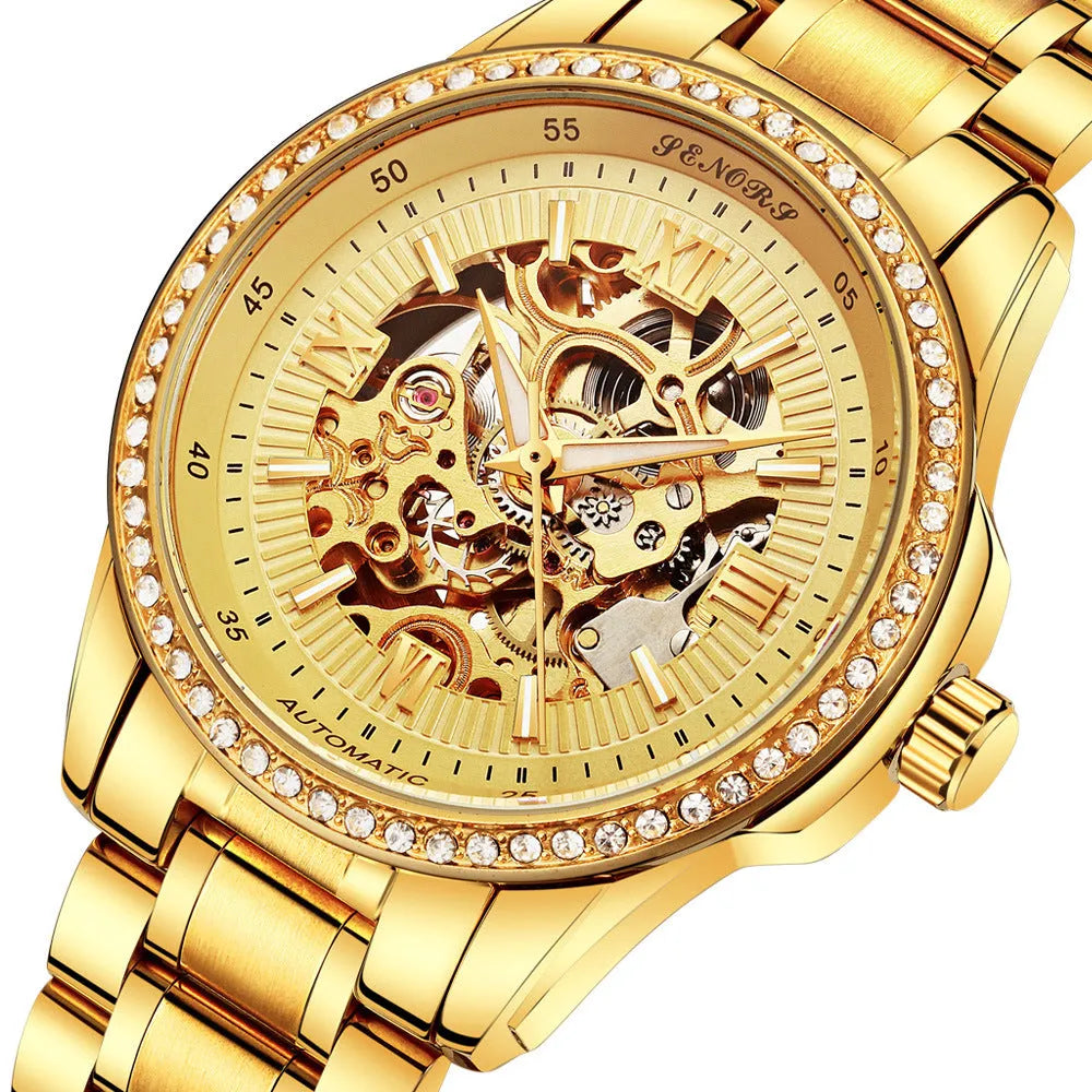 Senas SN019 hollow automatic mechanical watch for men with transparent dial, leather strap, and luminous hands on light background
