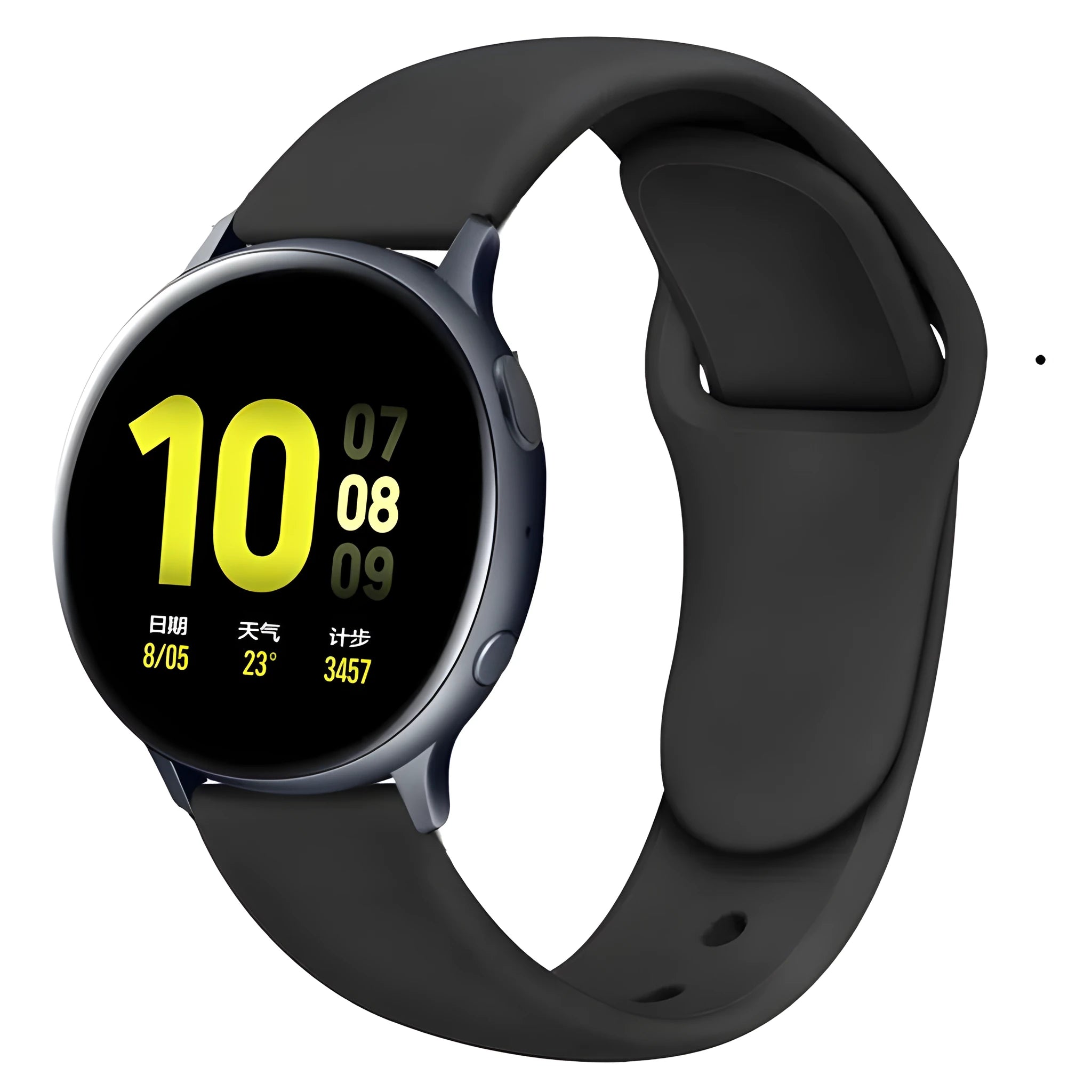 Silicone watch strap with reverse buckle clasp shown in multiple colours, compatible with 20mm and 22mm smartwatches.