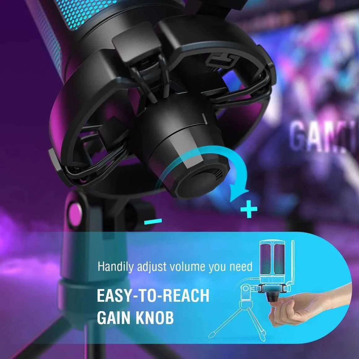 Black USB condenser gaming microphone for PC, PS4, and PS5 with wireless connection and moving coil type
