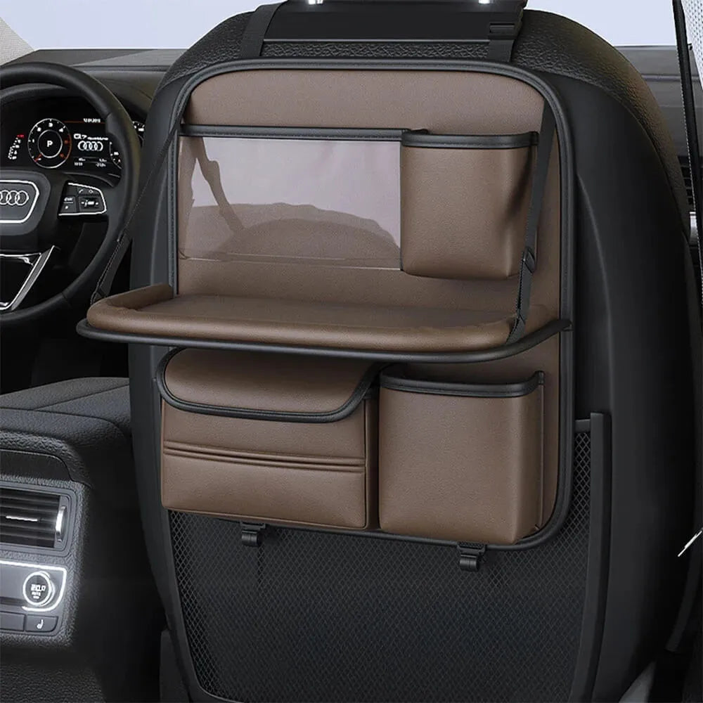 Genuine leather car seat organiser bag with a fold-out table in black, brown, grey, or green.