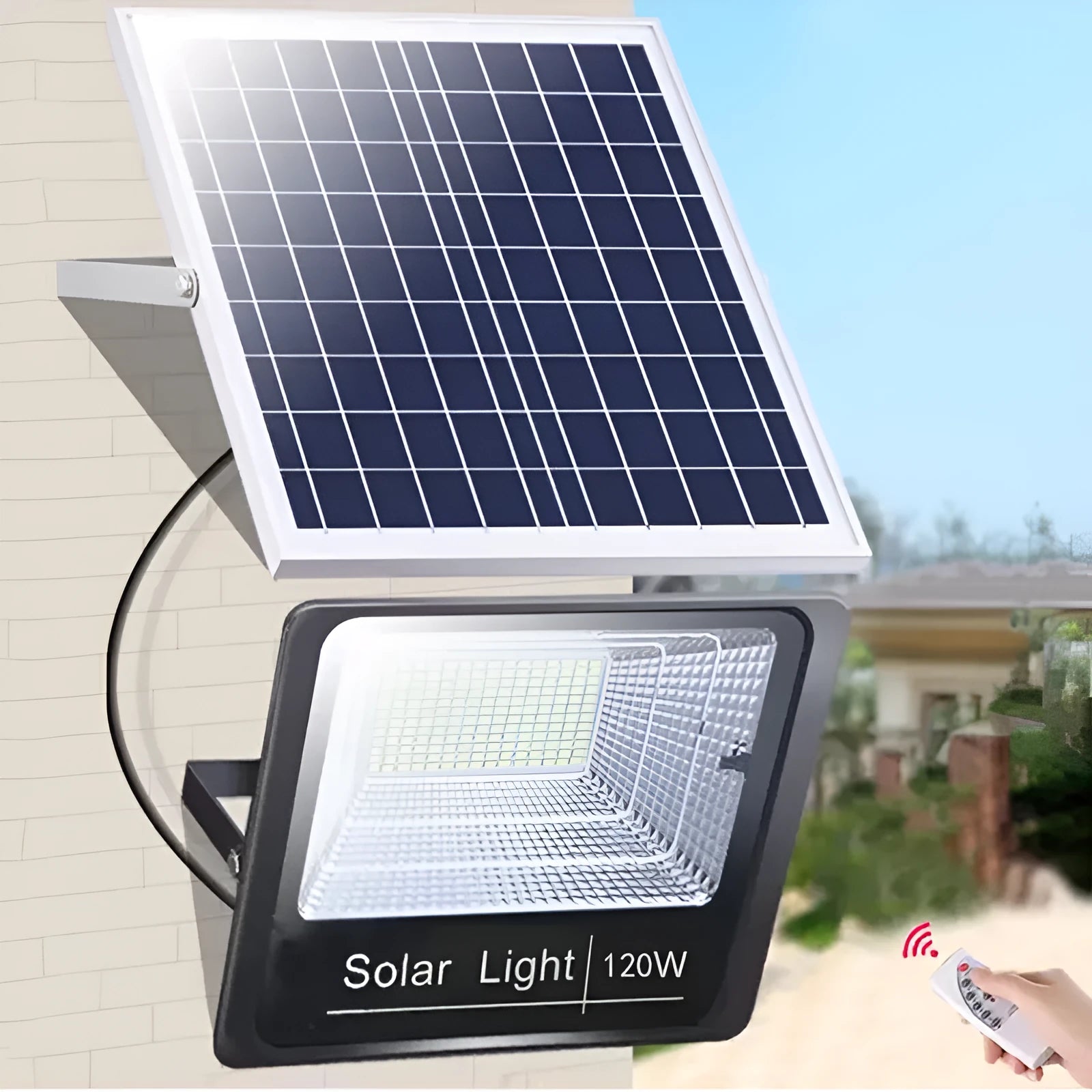 Black solar-powered LED flood light with remote control for garden and outdoor security lighting.