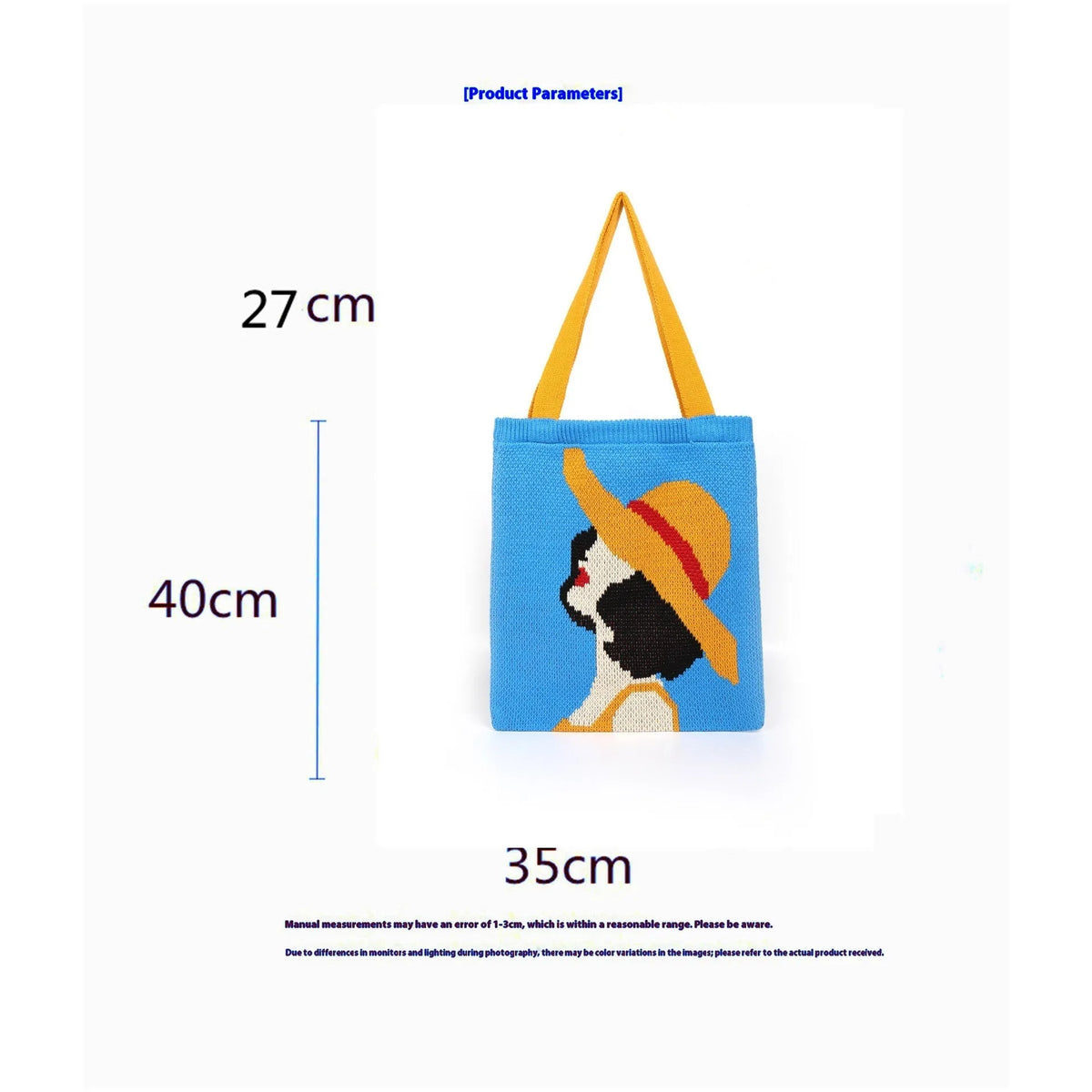 Blue urban simplicity woven handbag with box shape and soft handle on textile surface