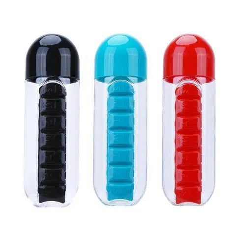 Creative wrist capsule water cup with medicine box 600ml in black, showing lid with integrated pill compartment