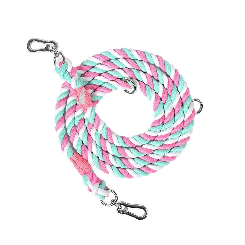 Woven rainbow double-ended dog lead with hand-held rope section in multiple colour options