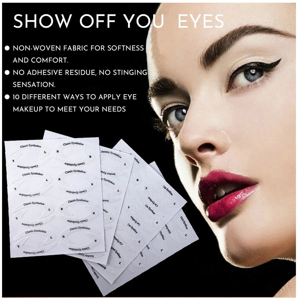 Set of four reusable flexible eyeliner stencils on a pink background, showing cat-eye and winged templates