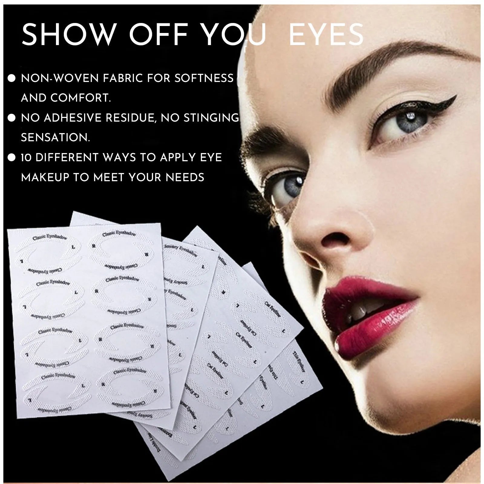 Set of four reusable flexible eyeliner stencils on a pink background, showing cat-eye and winged templates