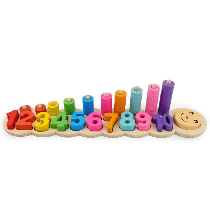 Wooden logarithmic board with colourful numbers geometric figures and beads for early childhood education