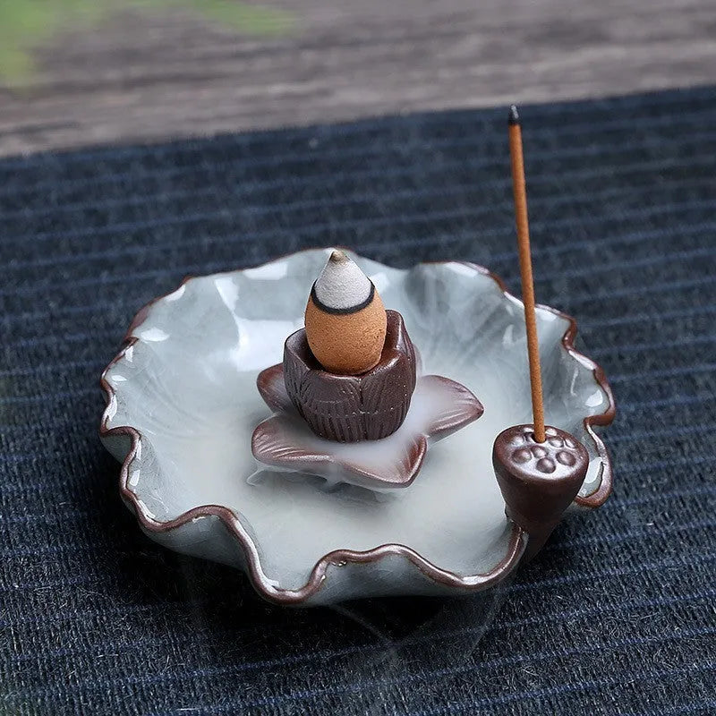 Ceramic reverse flow incense burner with purple clay construction and Ge kiln process