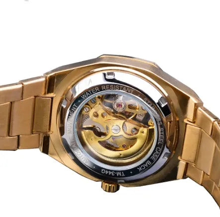 Mechanical automatic watch for men with skeleton dial, stainless steel case, genuine leather band, 41mm