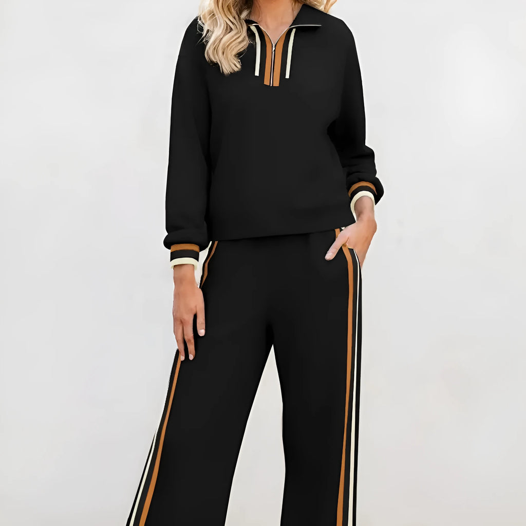 Black striped patchwork quarter zip pullover and loose pant set, sizes S-XL