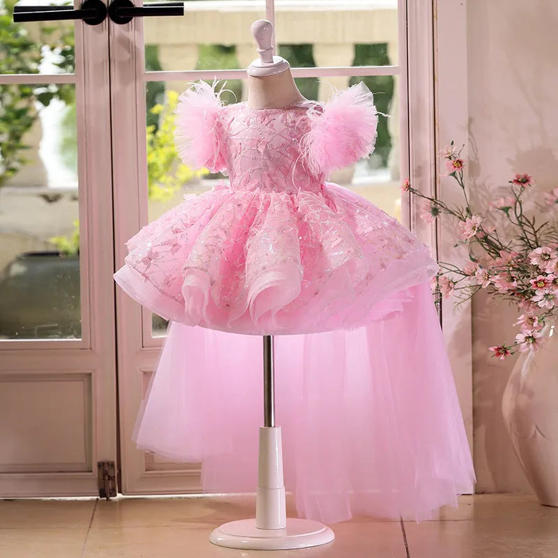 Pink polyester girls princess dress with layered pettiskirt in 80-150cm height sizes