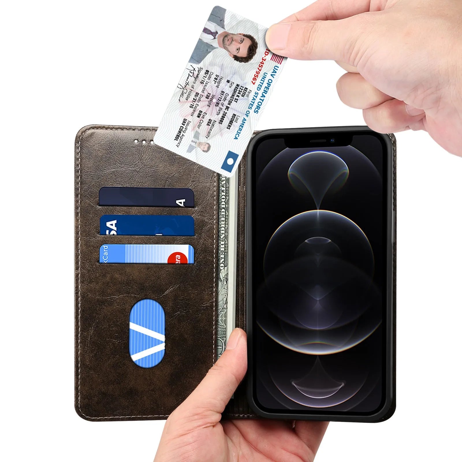 Flip magnetic card holster phone case in black, handmade PU TPU, with bracket, for iPhone 13