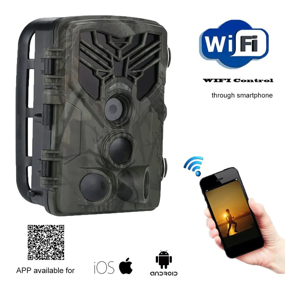 Wifi830 compact WiFi hunting camera with camouflage finish, showing lens and infrared LEDs