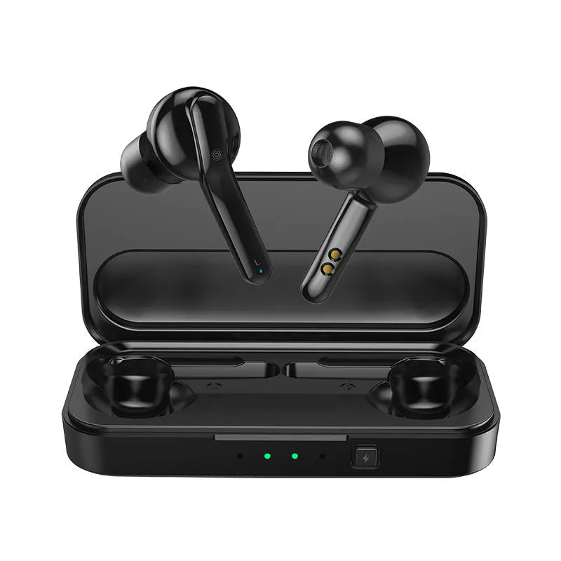 Black and white TWS wireless Bluetooth earbuds with charging case, showing discreet in-ear design.