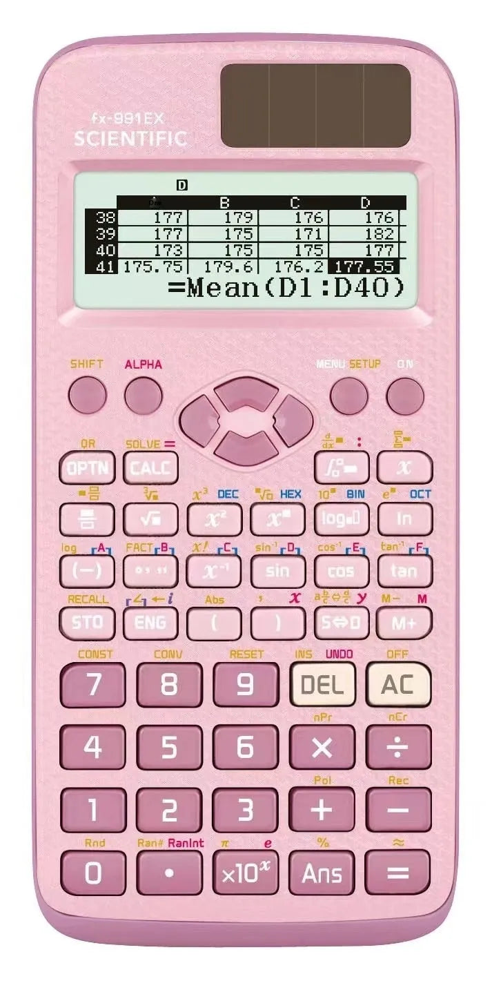 991EX scientific calculator in black, blue, and pink colours showing solar panel and keypad.