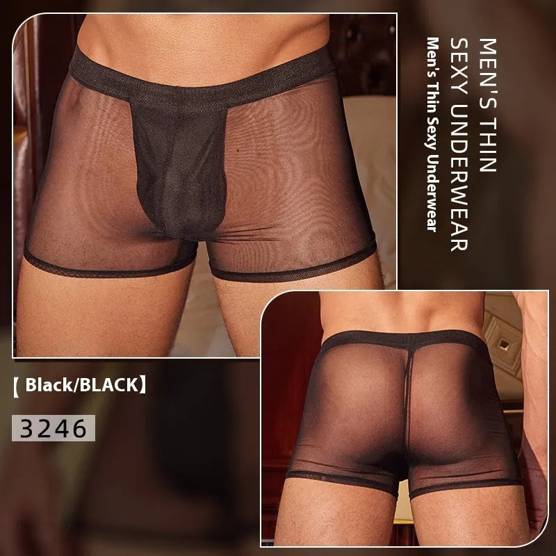 Men's black and white ultra-thin nylon boxer briefs with elastic waistband.