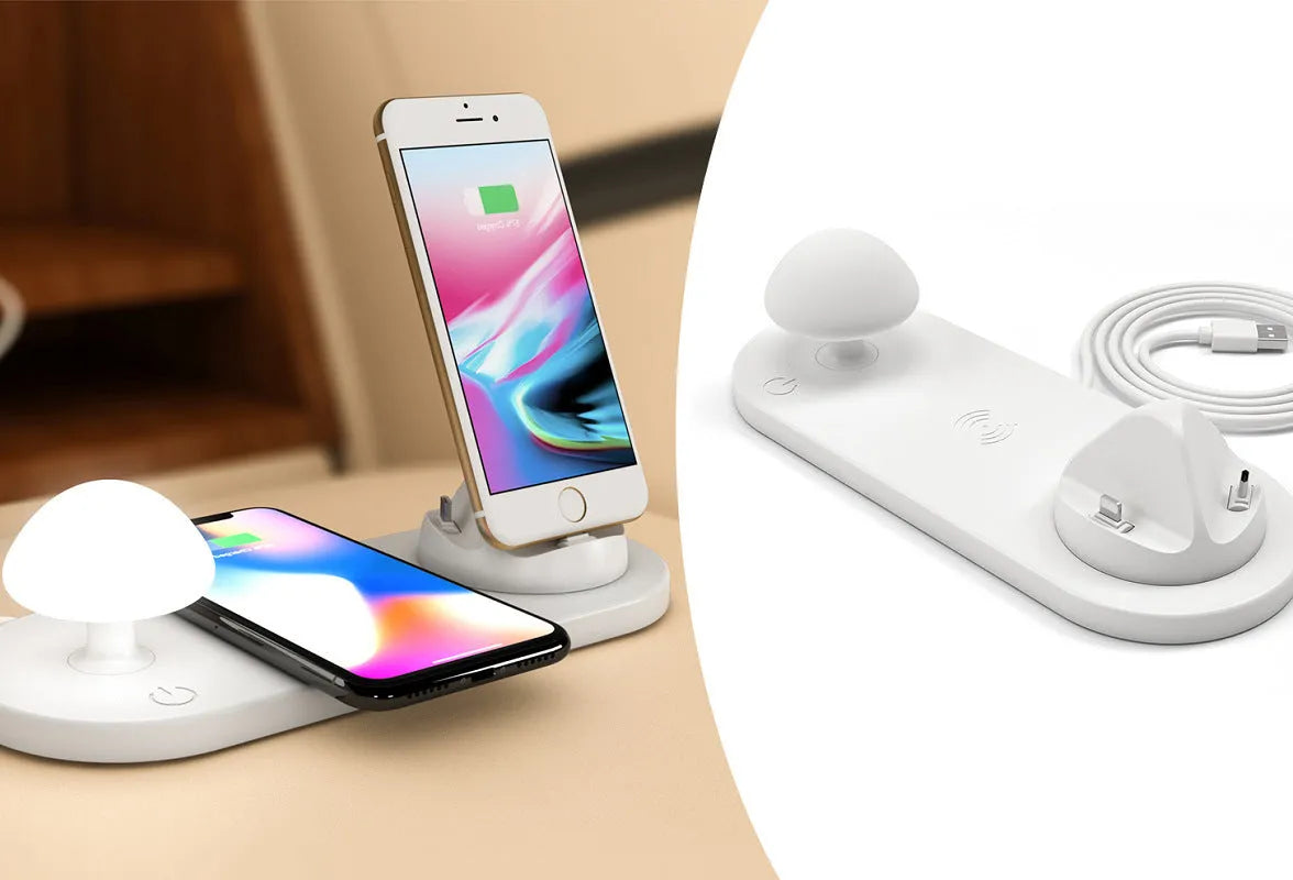 White 3 in 1 USB desktop charging dock with wireless charging pad for Apple iPhone