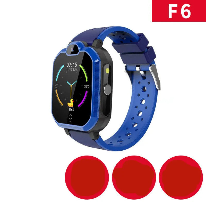 Blue children's smartwatch with a silicone strap showing a video call on its 1.44-inch screen.