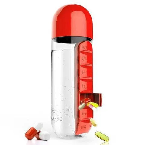 Creative wrist capsule water cup with medicine box 600ml in black, showing lid with integrated pill compartment