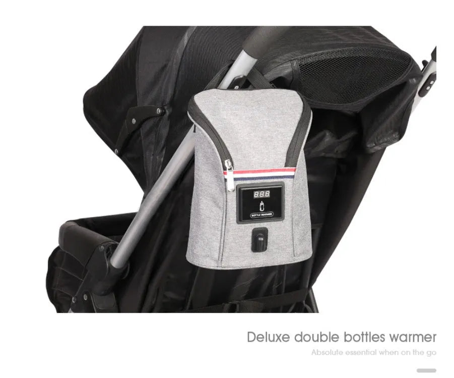 Grey Oxford cloth car USB baby bottle warmer showing temperature display and dual bottle capacity