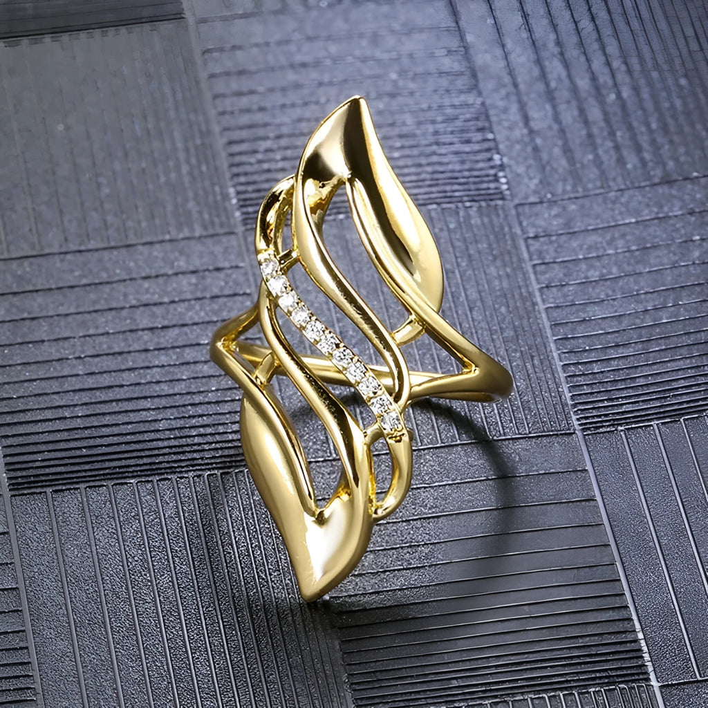 Women's copper ring with exaggerated curve design in Q611 gold colour showing side profile