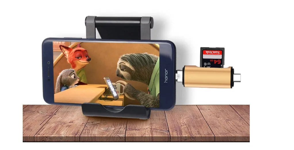 USB MICRO TYPE-C card reader for TF and SD memory cards in golden and silvery aluminium alloy