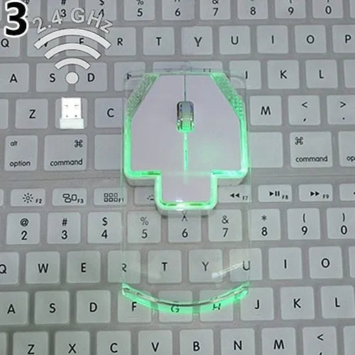 Ultra-thin transparent 2.4GHz wireless optical luminous mouse with blue glow on white desk