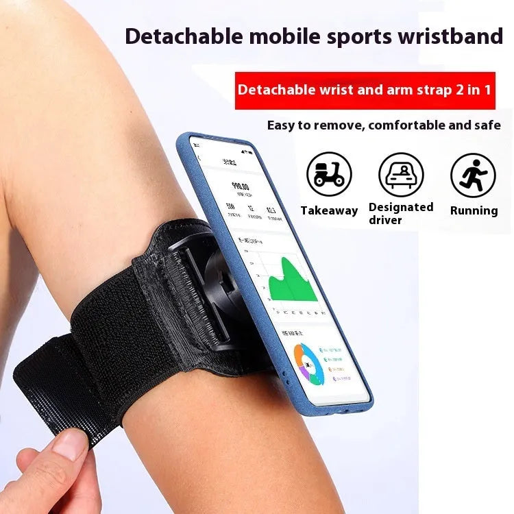 Black mobile phone armband wrist strap for takeaway delivery and sports.