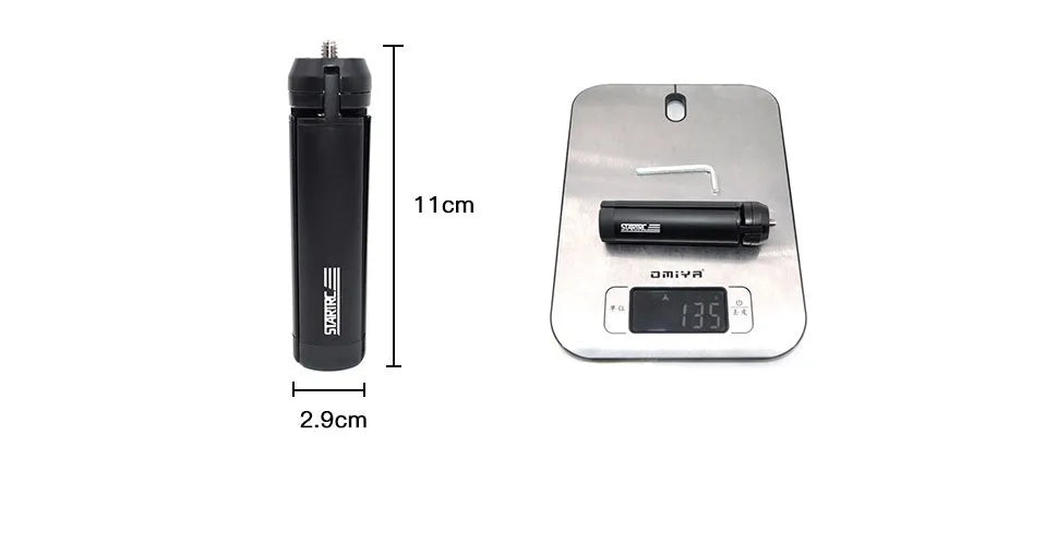 Aluminium alloy handheld bracket accessory for mounting an iPhone onto a table top tripod.