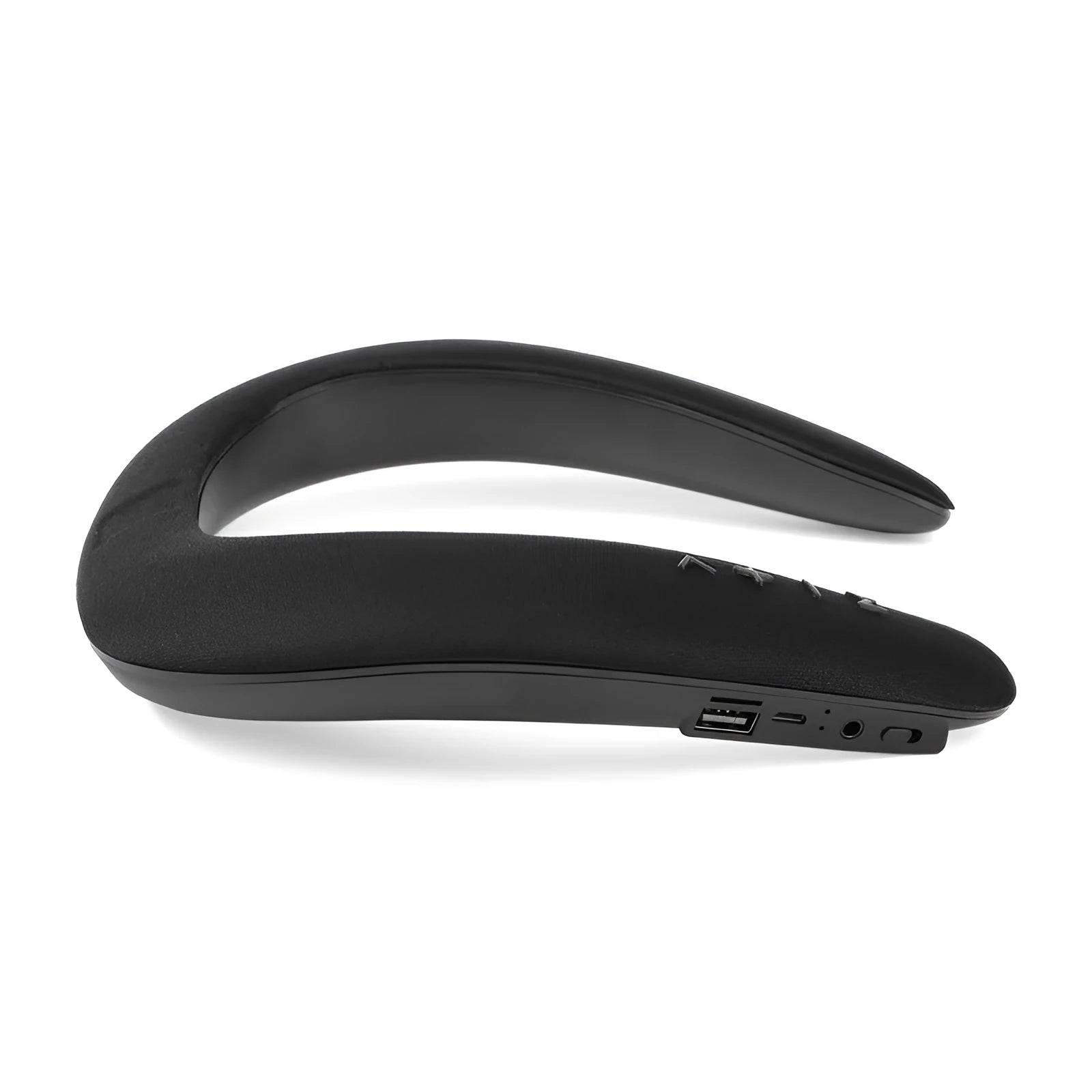 Blue neck-mounted U-shaped Bluetooth sports speaker worn around neck for hands-free audio during running