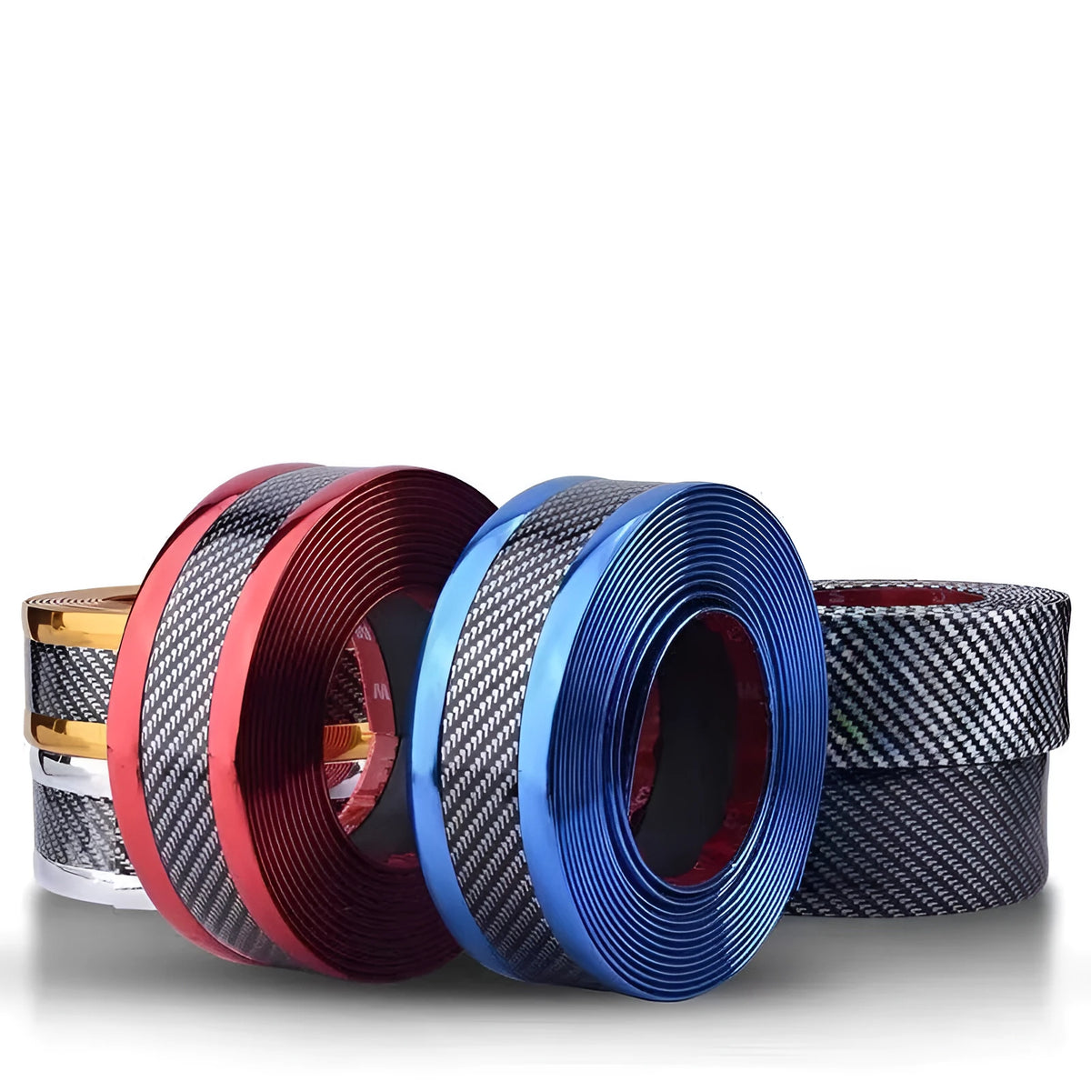 Roll of carbon diamond particle car door edge protector strip in black on a textured surface
