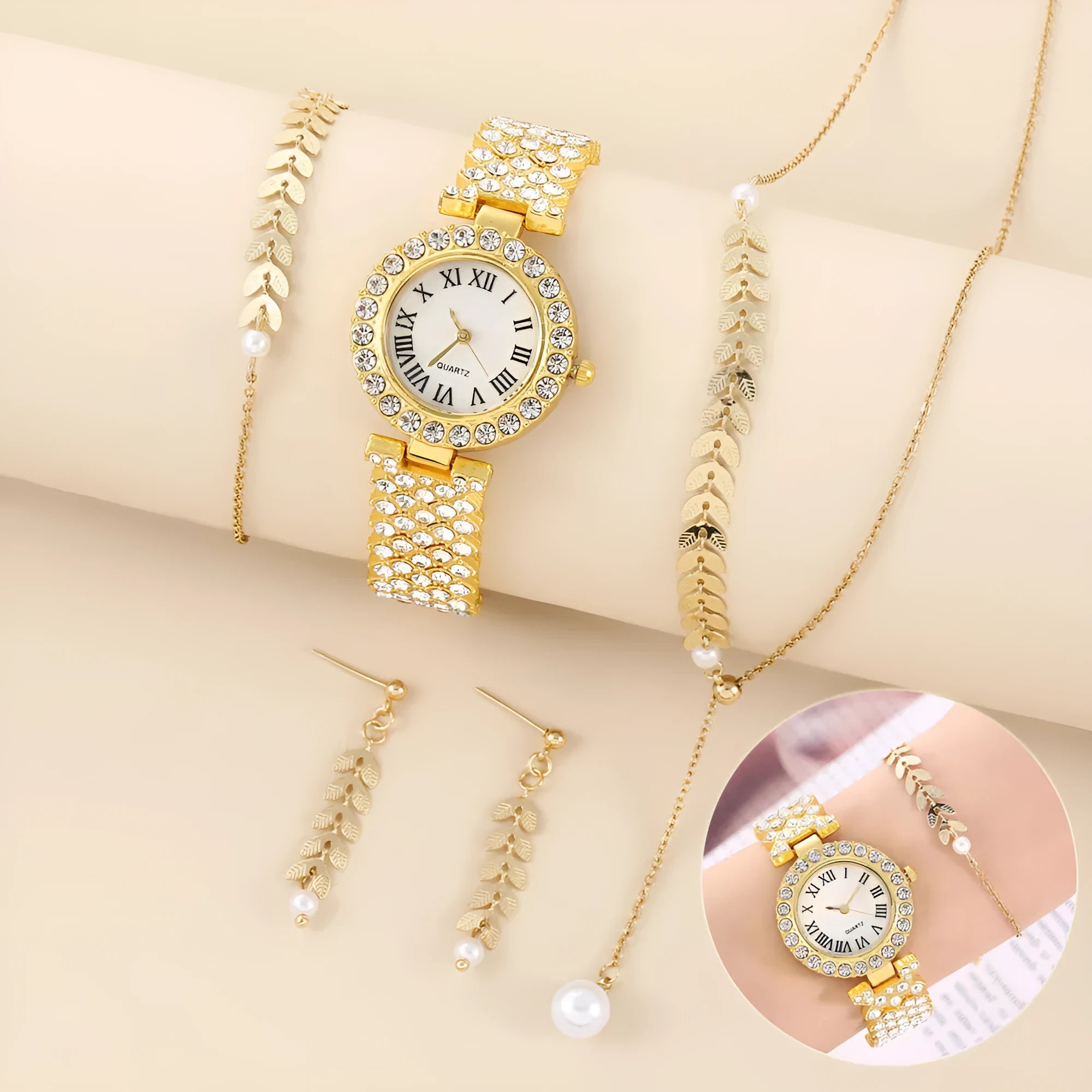 Women's diamond quartz watch set with rhinestones and jewellery in rose gold finish