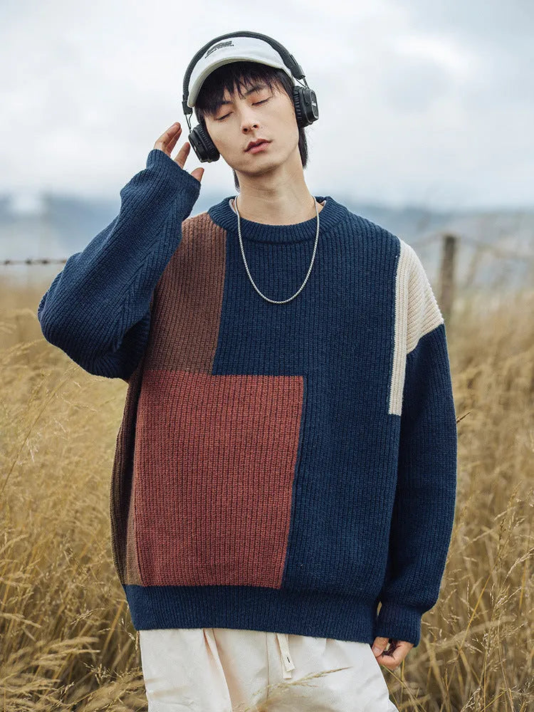 Men's colour block stitching knitwear sweater, loose long sleeve pullover in khaki or navy blue, sizes M to XXL