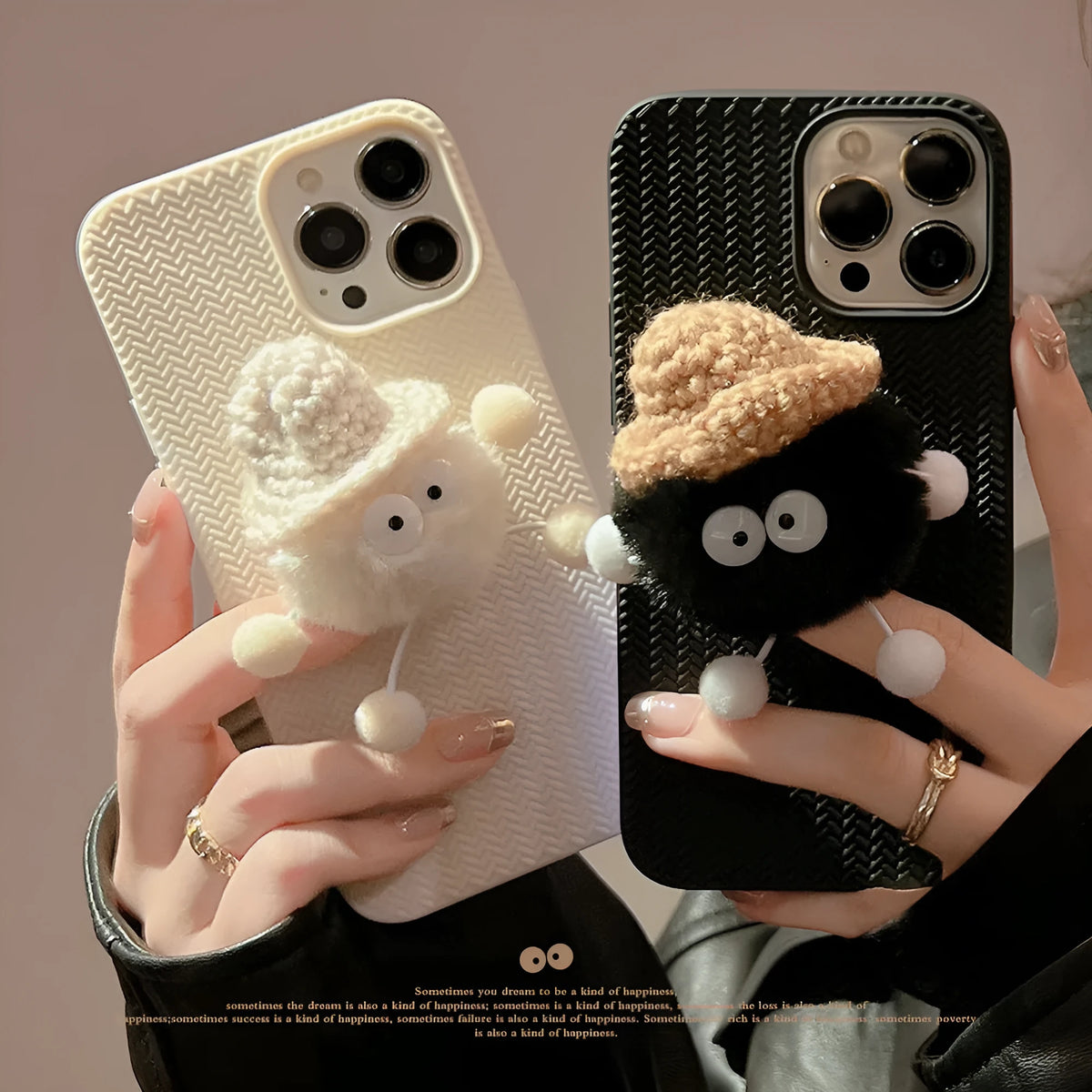 Plush coal ball phone case for iPhone, soft TPU shell, black, with 3D hairy doll design