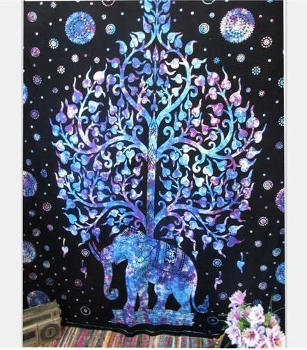 Stamp Bohemia beach blanket mural in Blue Colorful Tree pattern, polyester, 150x230cm thick